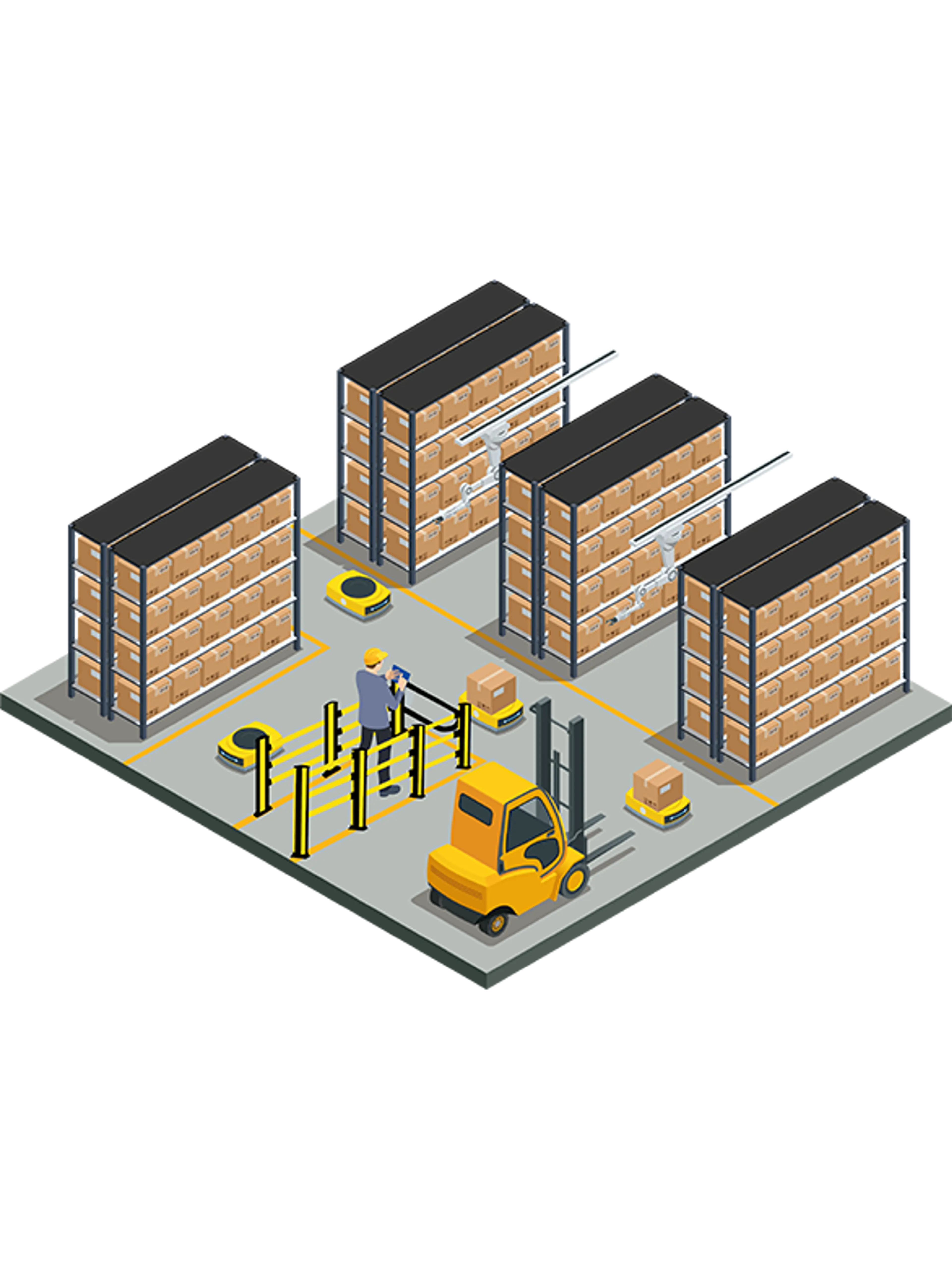 Magazijn met rekken, mobiele robots, vorkheftruck en werknemer achter veiligheidsbarrières