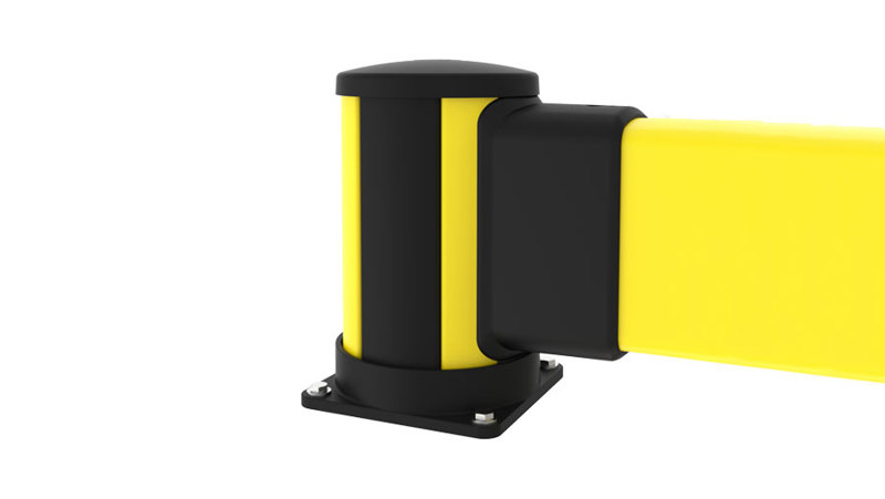 low yellow and black impact protection post with rail
