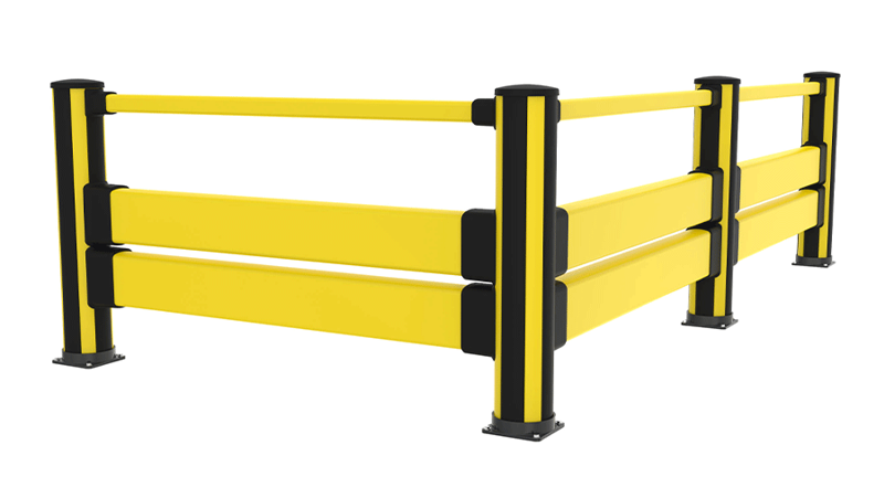 Black and yellow pedestrian with double impact protection assembled as a corner section